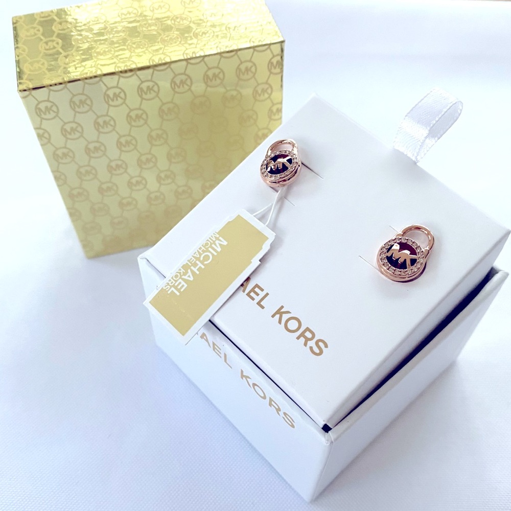 NWT authentic MK rosegold pave lock stud Earrings